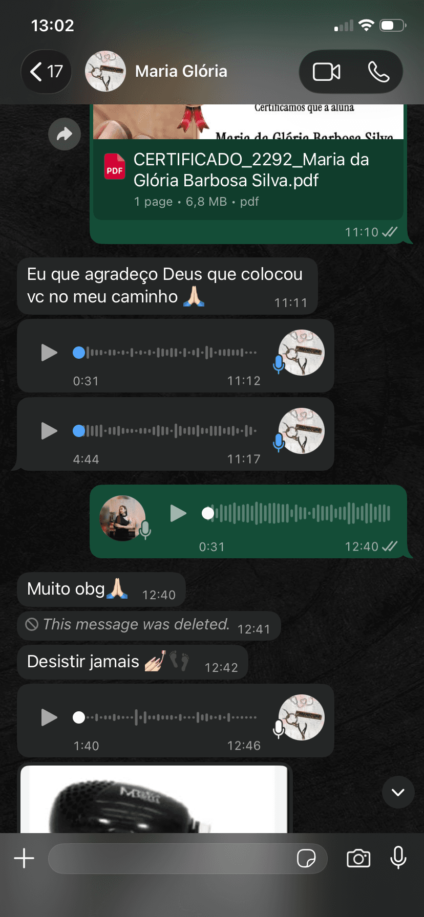 Feedback de aluna - Conversa WhatsApp sobre o Manual de Cutilagem Avançada